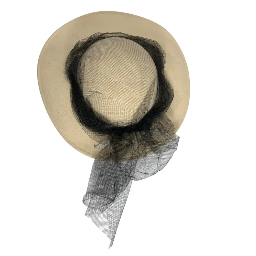 VTG Bollman Off-White Doeskin Felt Wool Hat Black Net Veil Wide Brim Made In USA